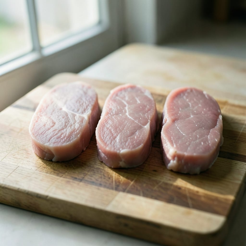 Three chops of different thickness, ready to be tested