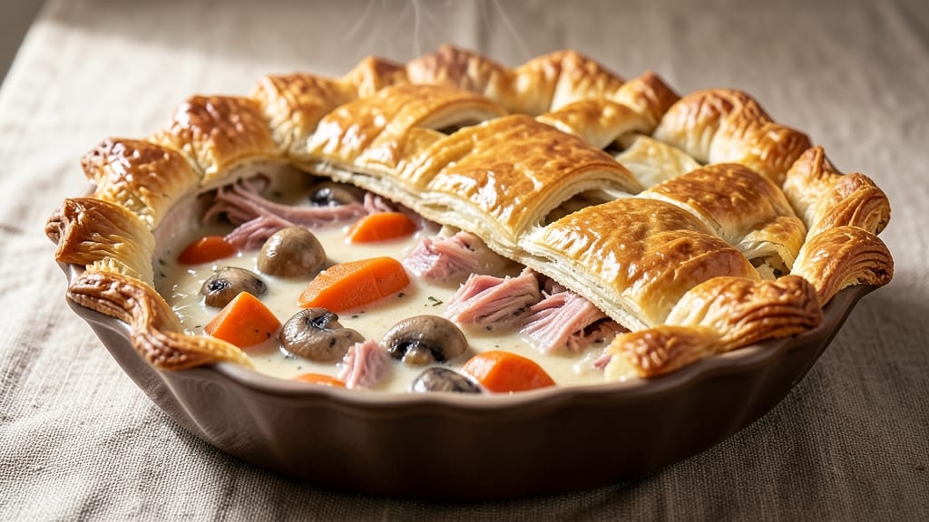 Recipe For Turkey Pot Pie Using Puff Pastry: Flaky Crust Envelops Savory Gravy
